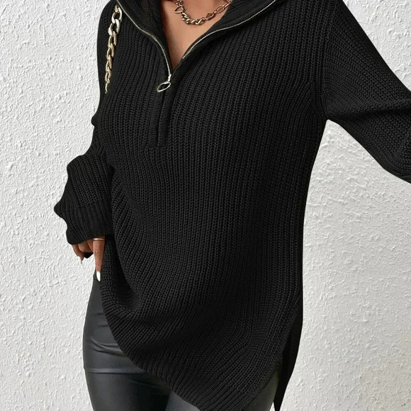 Black Casual Women's Half Zip Drop Shoulder Grain Sweater - Picture 4 of 7
